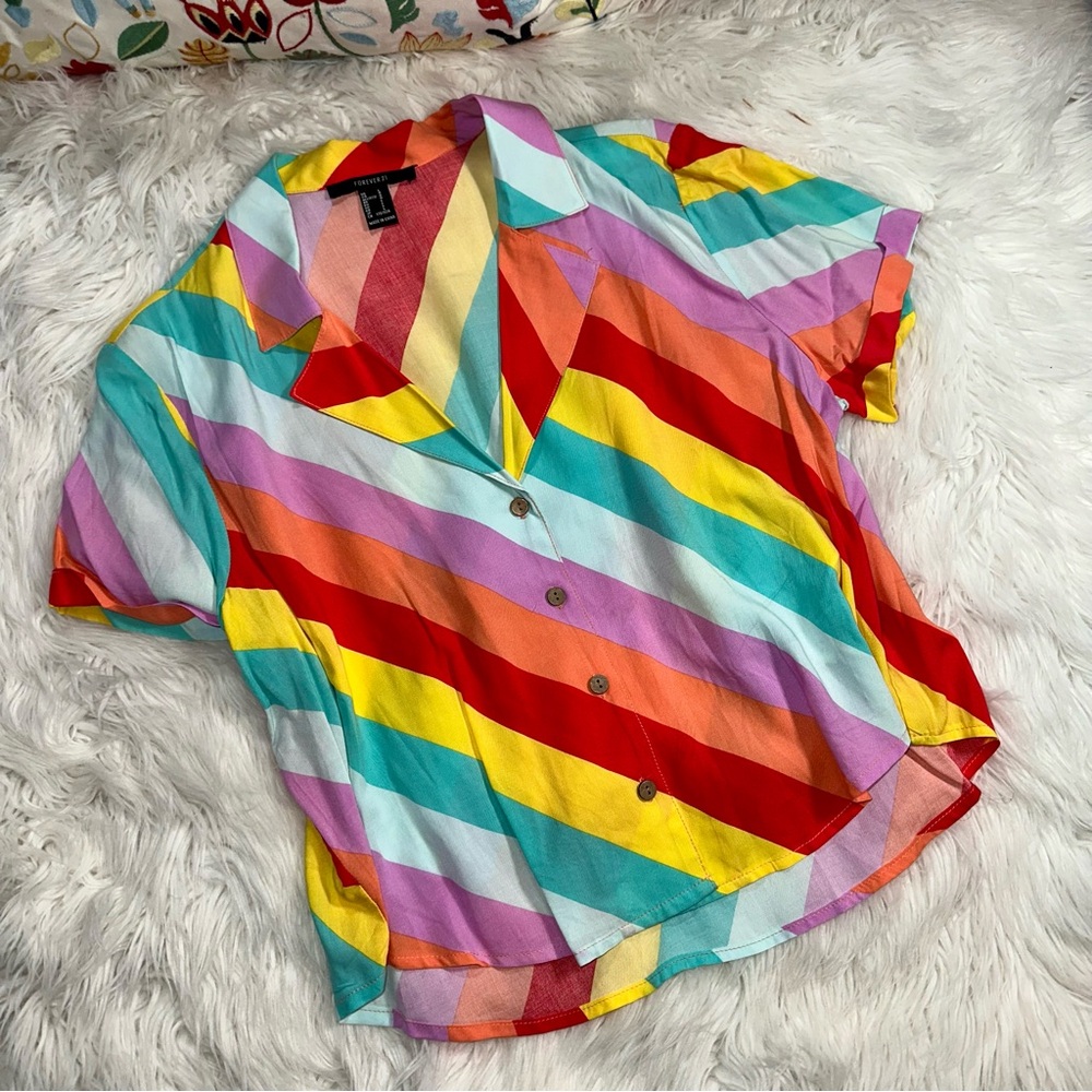 Forever 21 • Rainbow Candy Striped Cropped Button Up - Picture 2 of 12